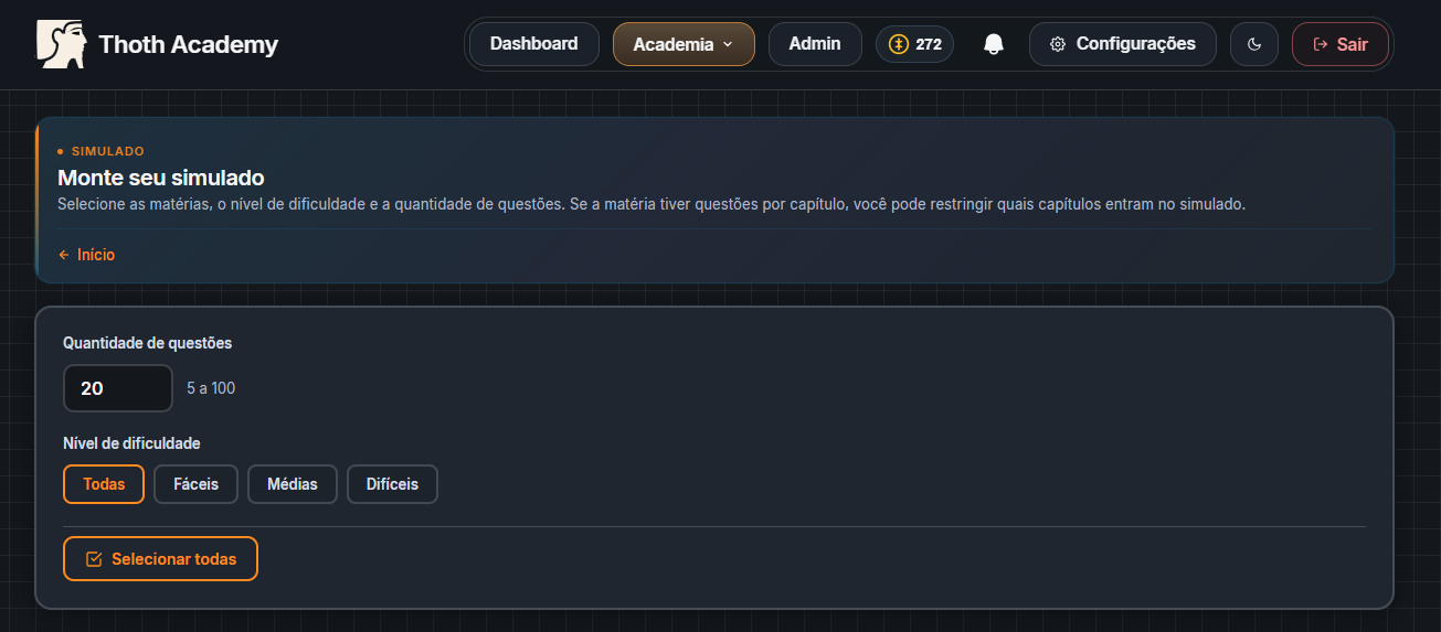 Tela Monte seu simulado na Thoth Academy: matérias, nível de dificuldade, quantidade de questões e seleção por capítulo.